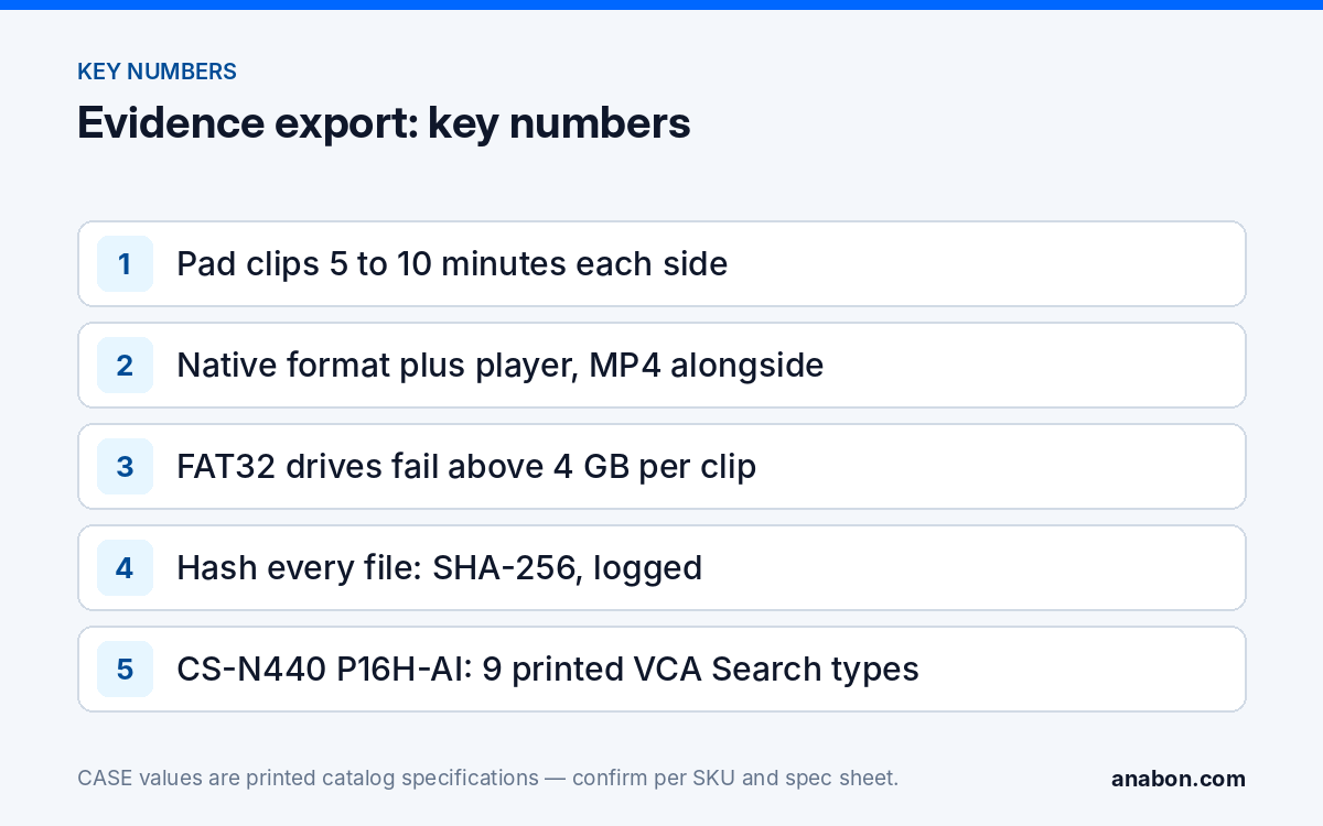 Export Video From NVR: Finding, Clipping and Exporting Evidence (CASE NVR) (Troubleshooting & Field Fixes) Key numbers for exporting video evidence from an NVR: clip padding, two formats, the 4 GB FAT32 limit, SHA-256 hashing and the CS-N440 P16H-AI printed VCA Search list