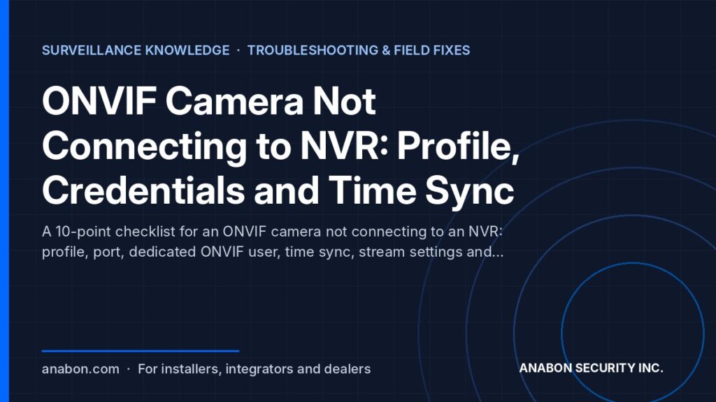 ONVIF Camera Not Connecting to NVR: Profile, Credentials and Time Sync (Troubleshooting & Field Fixes) ONVIF camera not connecting to NVR: checklist for profile, ONVIF port, dedicated user, time sync, stream codec and network