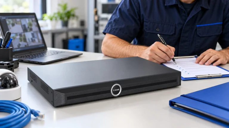 Security Camera Firmware Schedule: A Maintenance Calendar for Installers (NVRs, AI and Software) Technician records a maintenance checklist beside a CASE network video recorder.