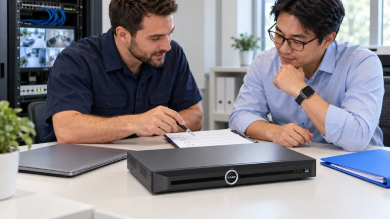 Security Camera Handover Checklist: Access, Recording and Maintenance (NVRs, AI and Software) Installer and customer IT manager review a handover checklist beside a CASE recorder.