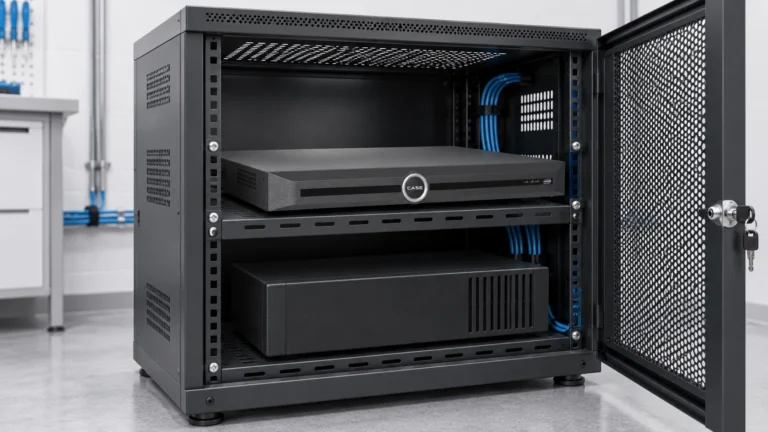 NVR Lock Box, Racks and UPS: Physical Security of the Recorder (NVRs, AI and Software) CASE recorder on a ventilated shelf above a UPS in a lockable equipment cabinet