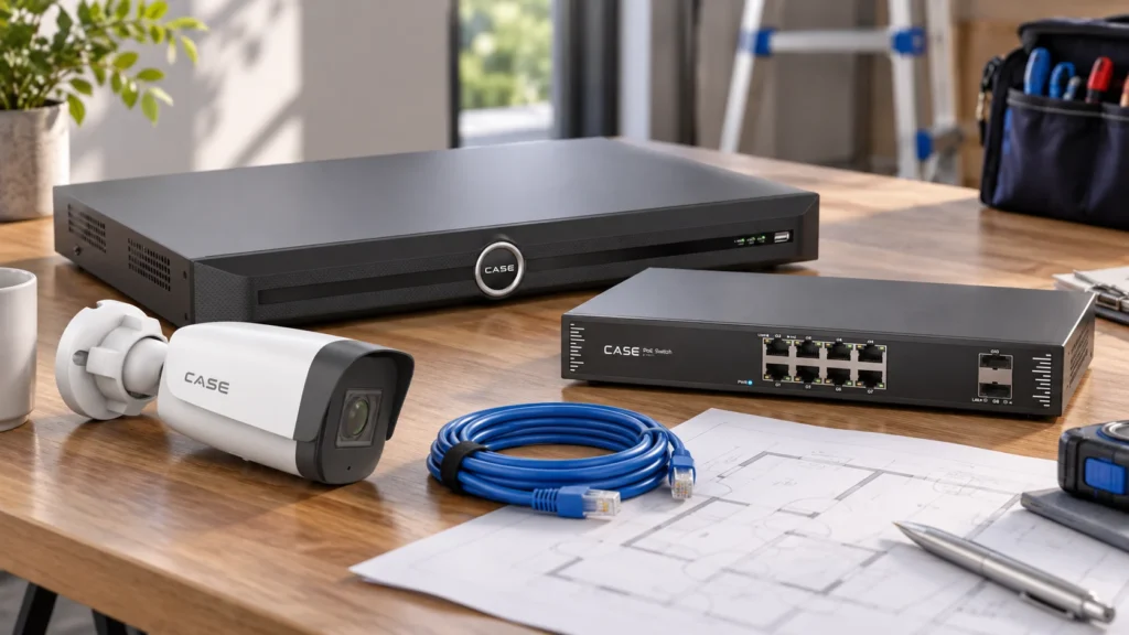 NVR vs DVR: Plan a Practical IP Camera Migration (Project & Bid Support) CASE recorder, camera and PoE switch arranged for an IP-system planning discussion.