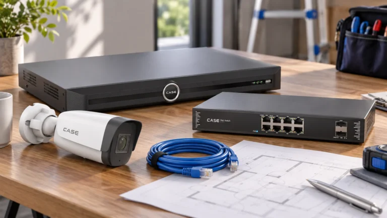 NVR vs DVR: Plan a Practical IP Camera Migration (Compliance, Documentation & Privacy) CASE recorder, camera and PoE switch arranged for an IP-system planning discussion.