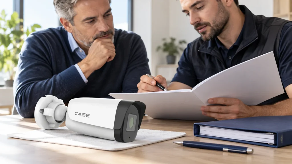 NDAA Compliance for Security Cameras: Section 889 Explained (Project & Bid Support) Installer and business owner review procurement documents beside a CASE camera.
