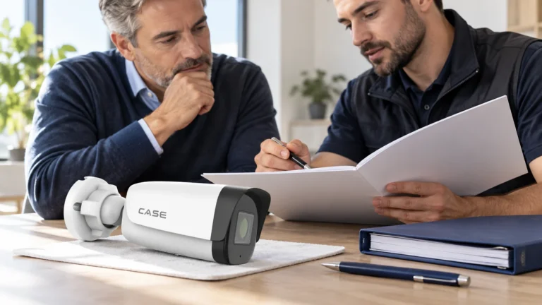 NDAA Compliance for Security Cameras: Section 889 Explained (Compliance, Documentation & Privacy) Installer and business owner review procurement documents beside a CASE camera.