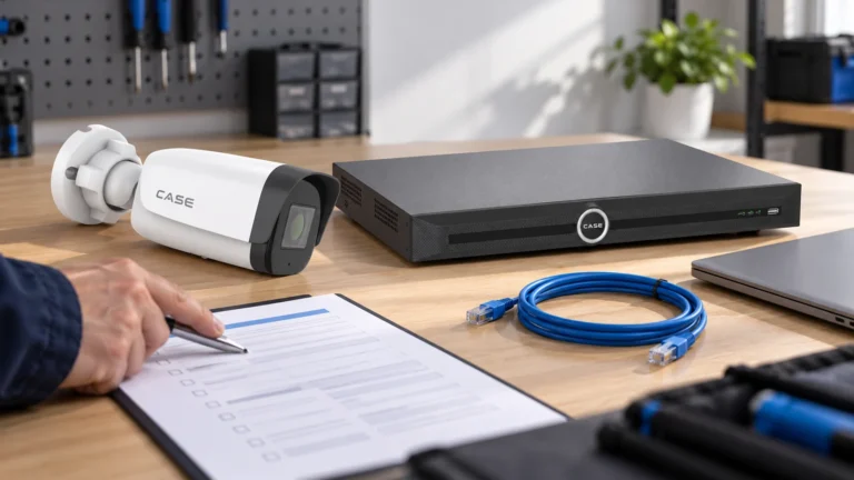 ONVIF Profiles S, T, G and M: What to Verify Before Integration (Compliance, Documentation & Privacy) CASE camera and recorder beside a test worksheet on an interoperability bench.