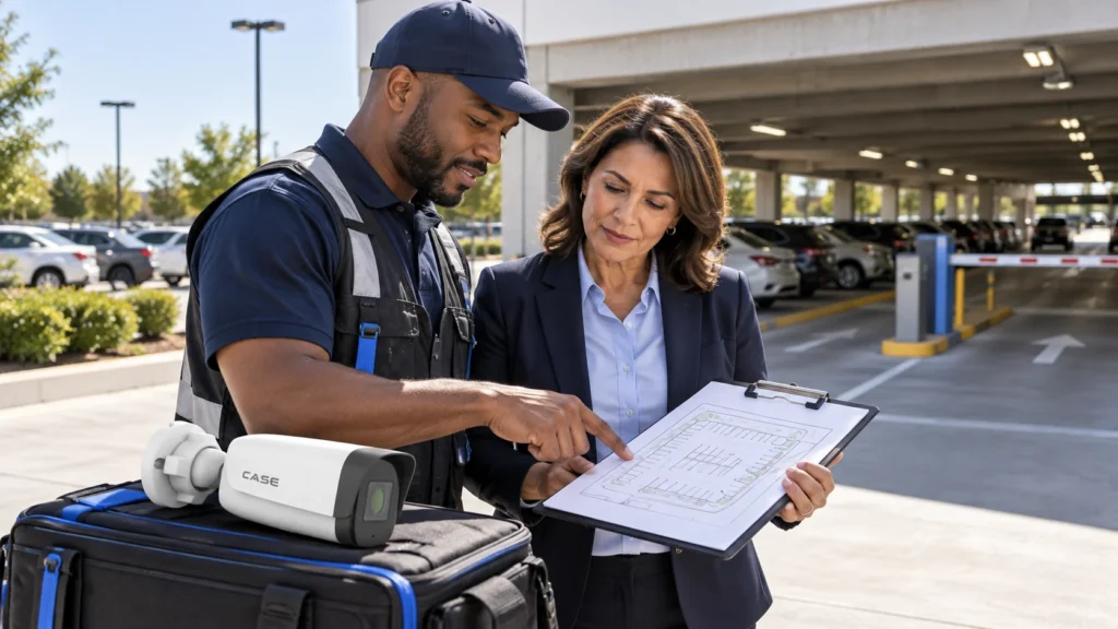 Parking Lot Cameras: Layout, Night Lighting and Plates (Project & Bid Support) Installer and property manager reviewing parking layout, lighting positions and camera planning.