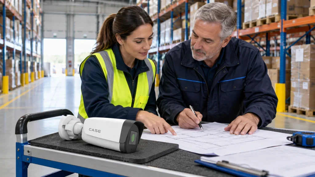 Warehouse Security Cameras: Docks, Aisles and Yard Views (Project & Bid Support) Installer and warehouse supervisor planning racking-aisle and dock-door camera coverage.