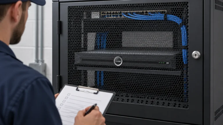 Hardening a CASE NVR: A Practical Security Checklist (NVRs, AI and Software) CASE recorder inside a ventilated lockable equipment cabinet.