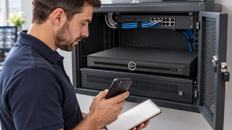 Security Camera Remote Access: Port Forwarding, P2P and VPN (NVRs, AI and Software) Technician reviews a phone beside a CASE recorder in a ventilated equipment cabinet.