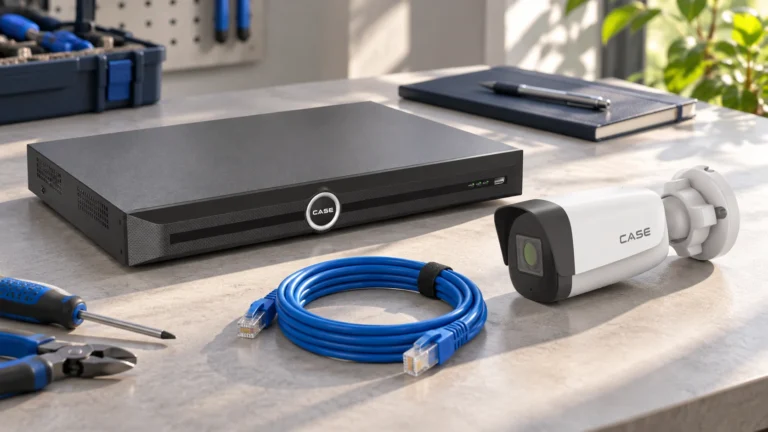 AI NVR Explained: Recorder Analytics, Camera AI and Real Limits (NVRs, AI and Software) CASE recorder and camera arranged separately on a technical planning bench.