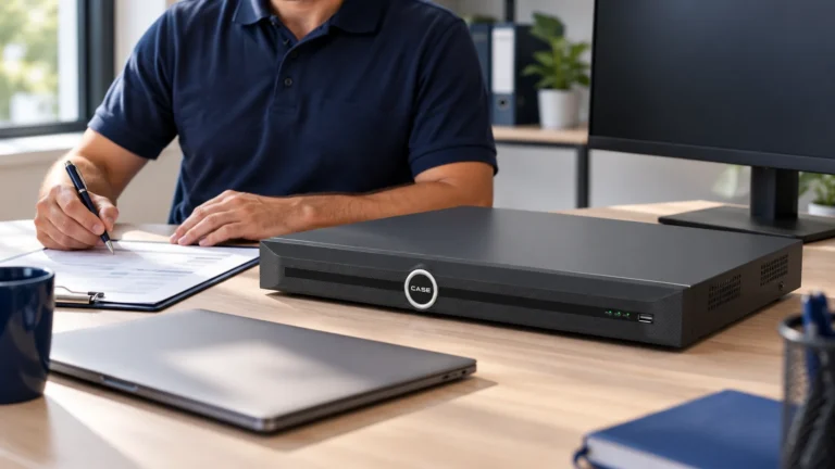 NVR vs VMS: When CASE Station Adds a Useful Viewing Layer (NVRs, AI and Software) CASE recorder beside a workstation monitor and a project planning sheet.