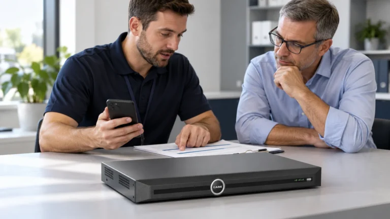 CASE Connect Handover: Supported Functions and Customer Access (NVRs, AI and Software) Installer explains a phone-based customer handover beside a CASE recorder.