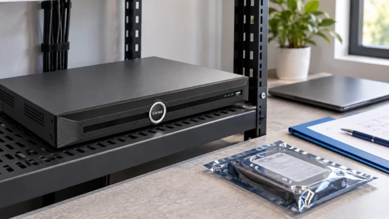 Cloud vs NVR Storage: Separate Recording, Access and Backup (NVRs, AI and Software) CASE recorder with a separate drive in an antistatic sleeve and a planning folder.