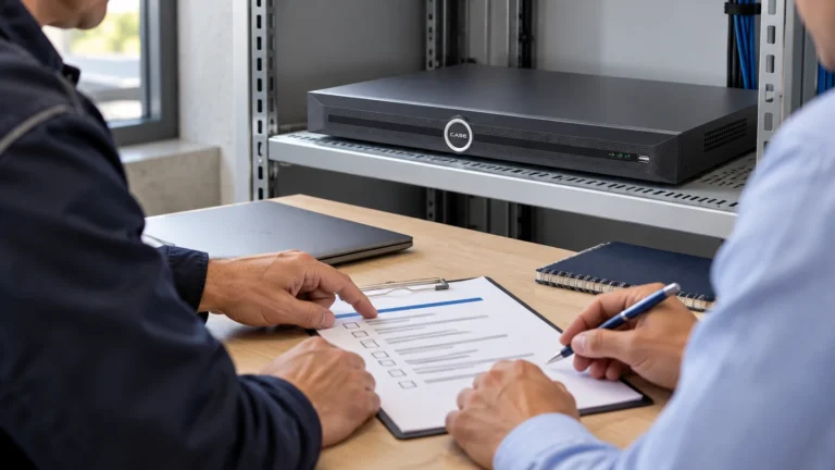 NVR User Permissions: A Handover Plan You Can Test (NVRs, AI and Software) Installer and site IT contact review an access-responsibility checklist beside a CASE recorder.