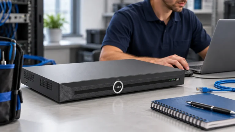 CASE Cloud: Remote NVR Configuration, with a Clear Scope (NVRs, AI and Software) Technician uses a laptop beside a CASE recorder during a service review.