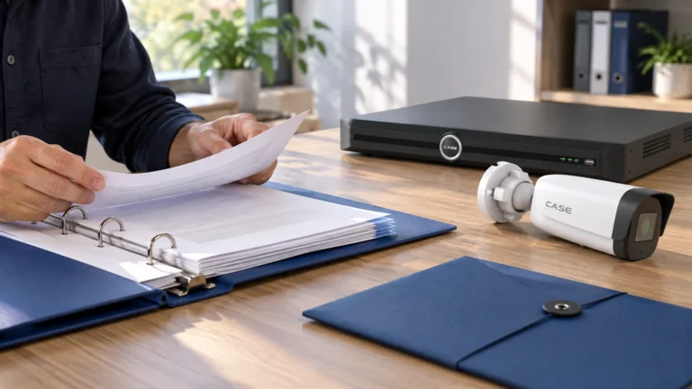 NDAA Camera Documentation Pack: What to Request Before a Bid (Compliance, Documentation & Privacy) Installer organizes a bid-documentation binder beside CASE camera and recorder hardware.