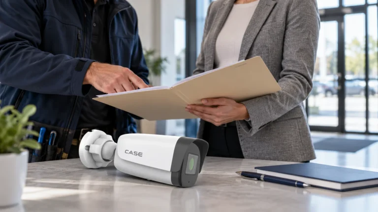 PIPEDA and Video Surveillance: A Canadian Installer’s Checklist (Compliance, Documentation & Privacy) Site manager and installer review a privacy folder beside a CASE camera.