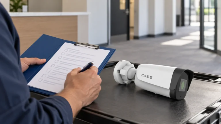 Security Camera Laws by State: A Project Checklist for Installers (Compliance, Documentation & Privacy) CASE camera beside a site-survey checklist in an empty commercial reception area.