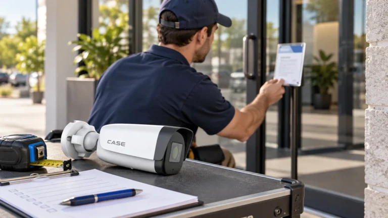 Video Surveillance Signs: A Practical Checklist for Installers (Compliance, Documentation & Privacy) Installer assesses a sample notice location beside a CASE camera and site checklist.