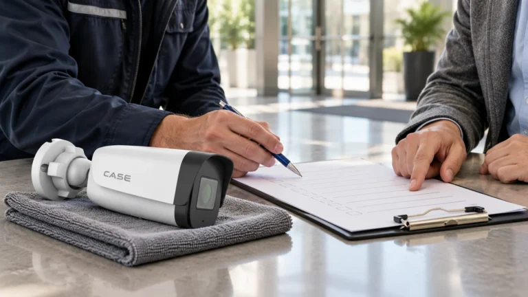 Security Camera Audio Recording: An Installer’s Legal Checklist (Compliance, Documentation & Privacy) Installer reviews a privacy checklist beside a CASE camera at an empty commercial lobby.