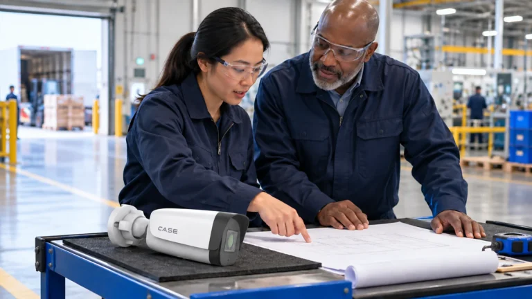 Manufacturing Security Cameras: Production, Docks and Yards (Vertical Playbooks for Installers) Installer and plant supervisor reviewing manufacturing-floor and shipping-area camera planning.