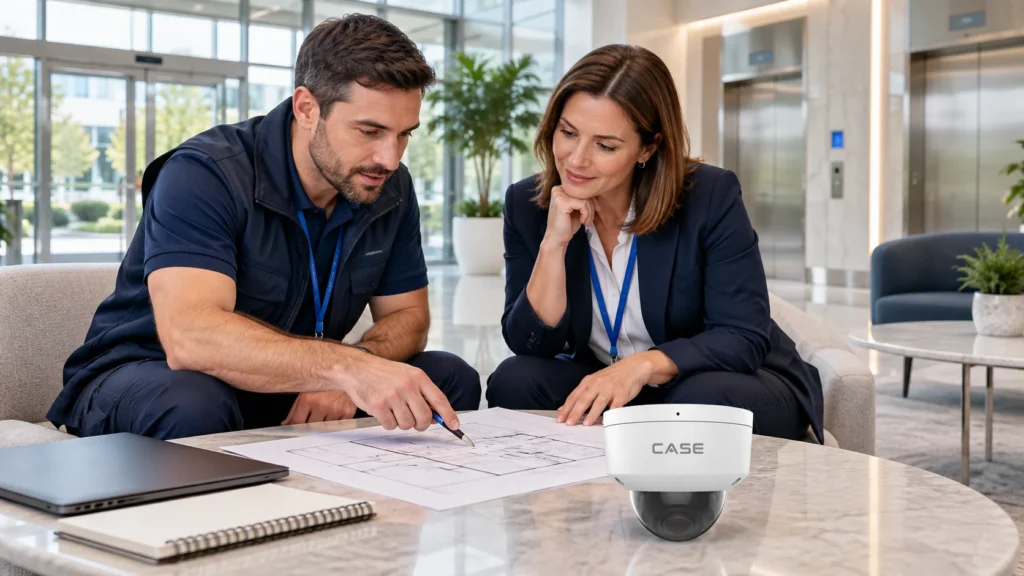 Office Security Cameras: Lobbies, Elevators and Garages (Business Growth & Marketing for Installers) Installer and facilities manager planning office lobby camera coverage with a CASE dome camera.