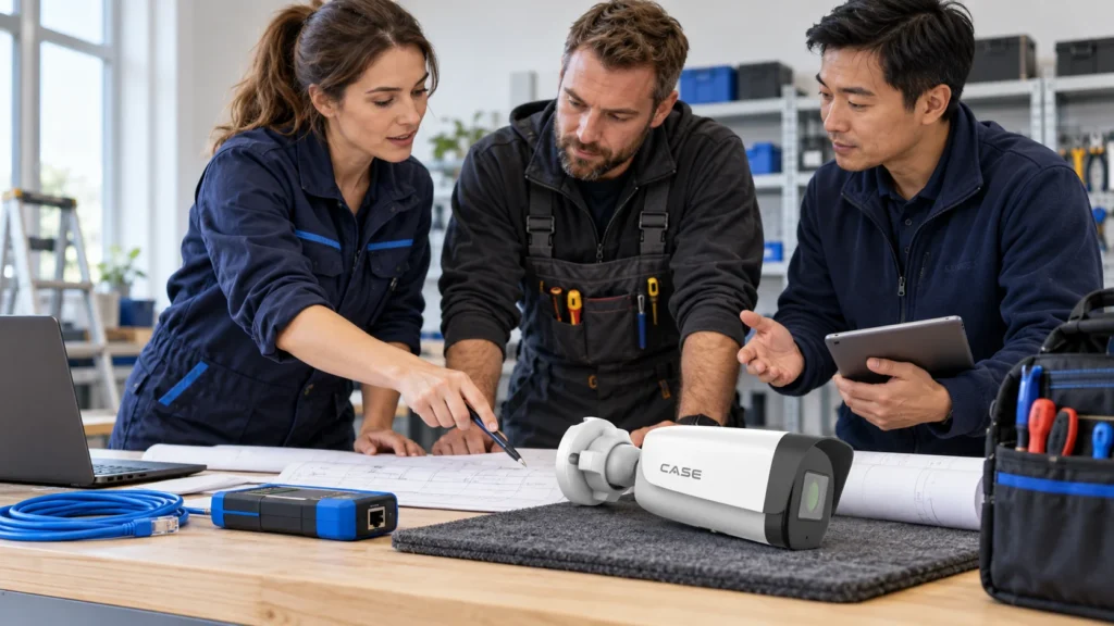 Co-Referral Agreements With Electricians, IT MSPs and Locksmiths (CASE Product Spotlights) Security installer meeting with electrical and IT trade partners around a workshop planning bench.