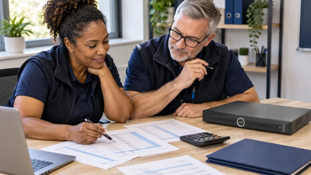Security Company KPIs: A Year-End Review With 10 Numbers to Track (CASE Product Spotlights) Security installation business partners reviewing paper records and project performance.