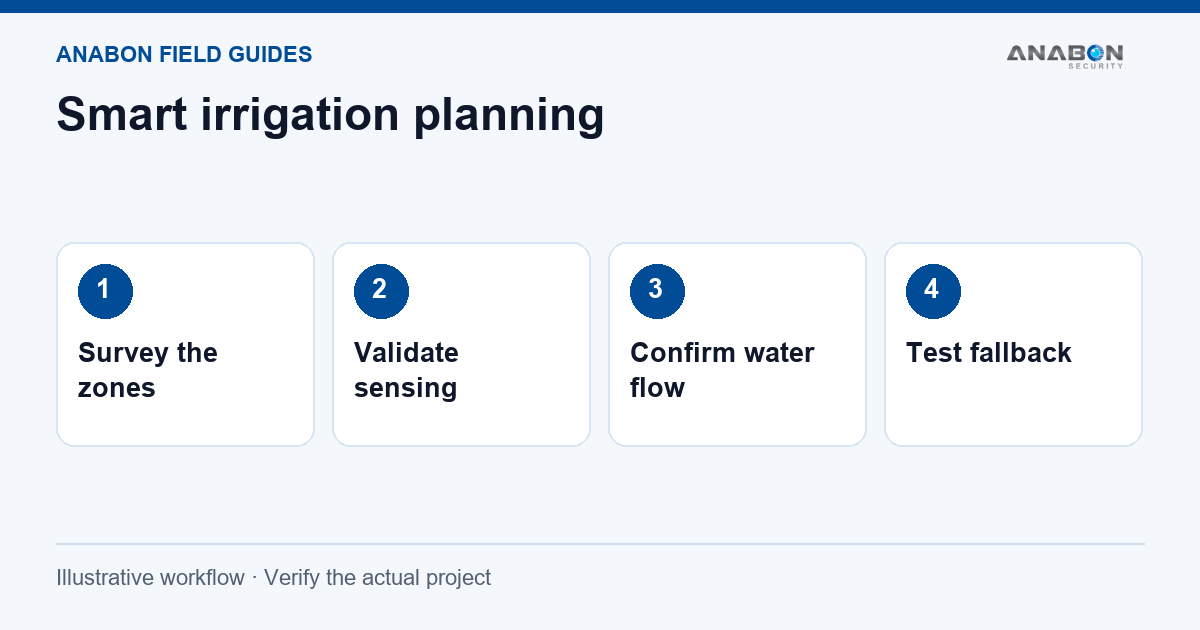 Smart Irrigation Planning: Sensors, Valves and Field Checks (Surveillance Knowledge) Illustrative planning workflow. Device selection and integration must be confirmed for the actual project.