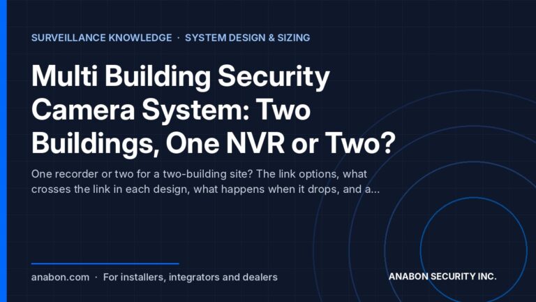 Multi Building Security Camera System: Two Buildings, One NVR or Two? (Vertical Playbooks for Installers) Multi building security camera system design: fiber link between two buildings, one central NVR or one NVR per building