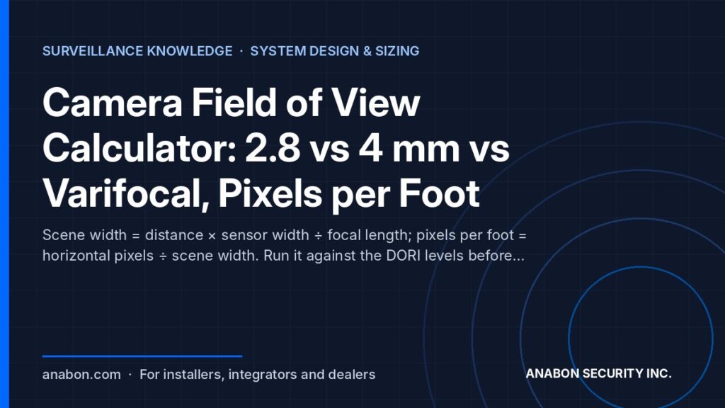 Camera Field of View Calculator: 2.8 vs 4 mm vs Varifocal, Pixels per Foot (System Design & Sizing) Camera field of view calculator: focal length, sensor size, pixels per foot and DORI levels for 2.8 mm, 4 mm and varifocal