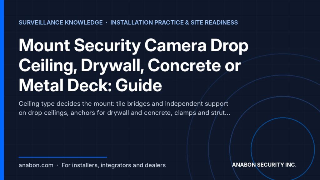 Mount Security Camera Drop Ceiling, Drywall, Concrete or Metal Deck: Guide (Camera Technology Explained) Mount security camera drop ceiling, drywall, concrete or metal deck: tile bridges, anchors, pendant mounts, plenum cable