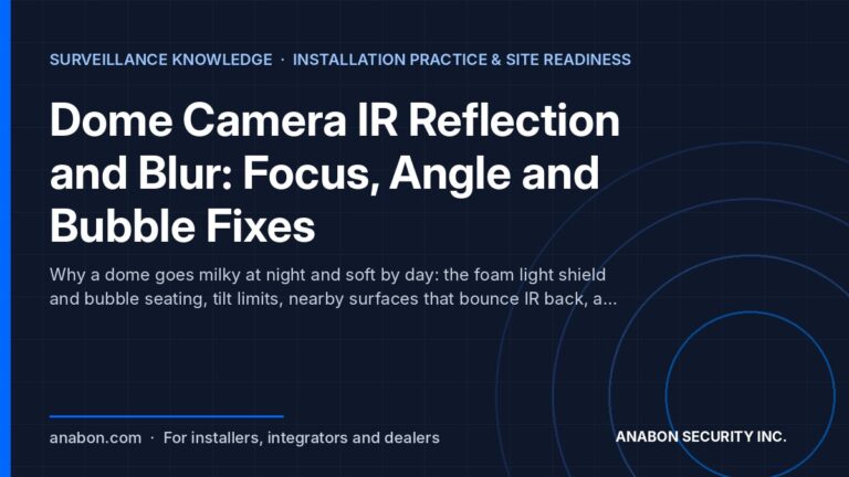 Dome Camera IR Reflection and Blur: Focus, Angle and Bubble Fixes (Troubleshooting & Field Fixes) Dome camera IR reflection and blur: foam light shield, bubble seating, tilt limits, surfaces, night test, cleaning