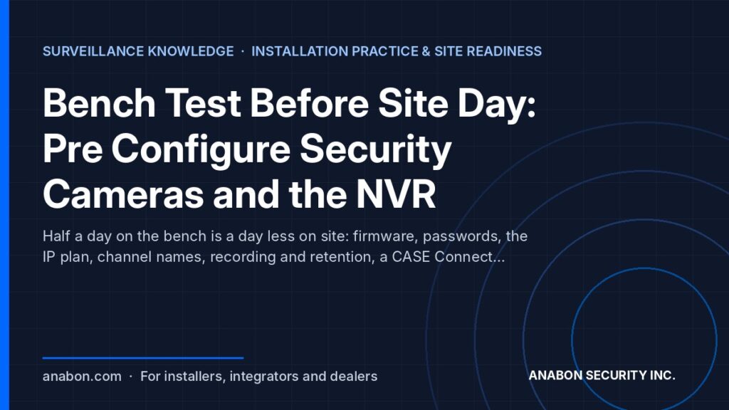Bench Test Before Site Day: Pre Configure Security Cameras and the NVR (Camera Technology Explained) Pre configure security cameras and the NVR on the bench: firmware, passwords, IP plan, channel names, retention, CASE Connect