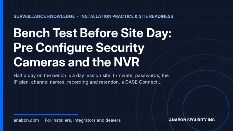 Bench Test Before Site Day: Pre Configure Security Cameras and the NVR (Installation Practice & Site Readiness) Pre configure security cameras and the NVR on the bench: firmware, passwords, IP plan, channel names, retention, CASE Connect