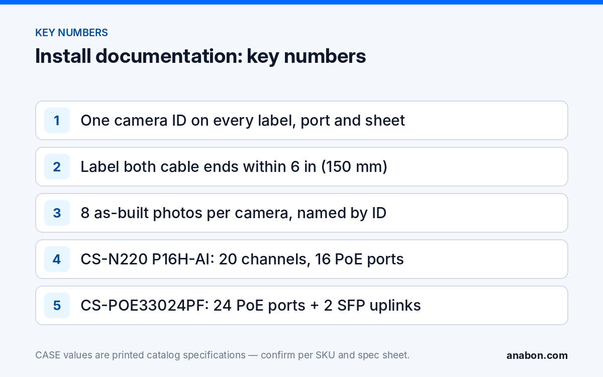 CCTV Installation Documentation: A Labeling Standard for Camera Installs (Installation Practice & Site Readiness) Key numbers for camera install documentation: one ID per camera, labels at both cable ends, eight as-built photos, NVR and switch port counts