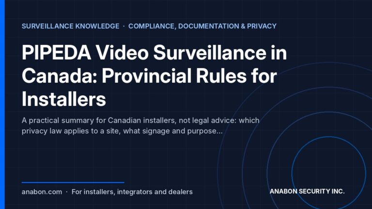 PIPEDA Video Surveillance in Canada: Provincial Rules for Installers (Project & Bid Support) PIPEDA video surveillance rules for installers: a notice sign at a monitored entrance in Canada with the provincial law table
