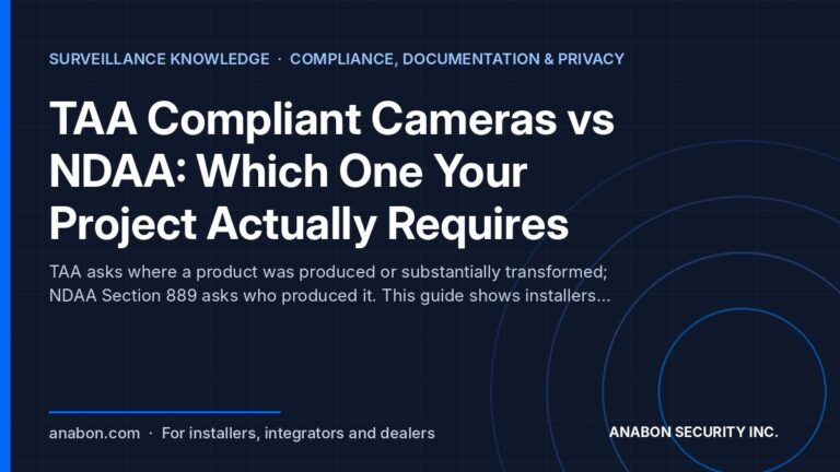 TAA Compliant Cameras vs NDAA: Which One Your Project Actually Requires (Compliance, Documentation & Privacy) TAA compliant cameras vs NDAA Section 889: two separate tests, two per-SKU documents, one camera schedule