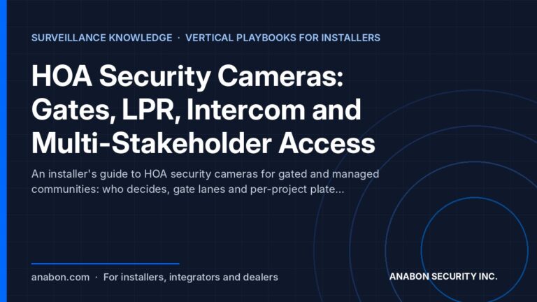 HOA Security Cameras: Gates, LPR, Intercom and Multi-Stakeholder Access (CASE Product Spotlights) HOA security cameras at a community gate: lane cameras, video intercom and privacy notice for installers
