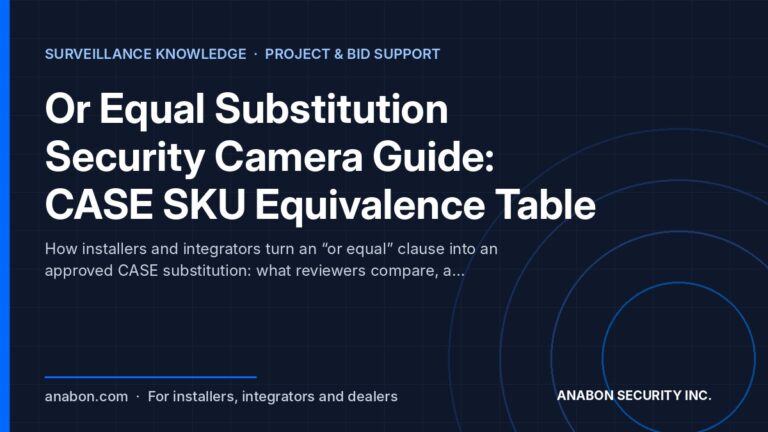 Or Equal Substitution Security Camera Guide: CASE SKU Equivalence Table (Project & Bid Support) Or equal substitution security camera equivalence table: spec rows, CASE SKU values and comply, exceed or deviate verdicts