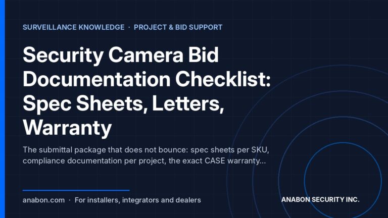 Security Camera Bid Documentation Checklist: Spec Sheets, Letters, Warranty (Compliance, Documentation & Privacy) Security camera bid documentation checklist: spec sheets per SKU, compliance letters, warranty and software statements