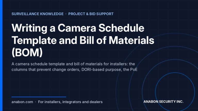 Writing a Camera Schedule Template and Bill of Materials (BOM) (Business Growth & Marketing for Installers) Camera schedule template and bill of materials for security installers: columns, PoE layer and example rows
