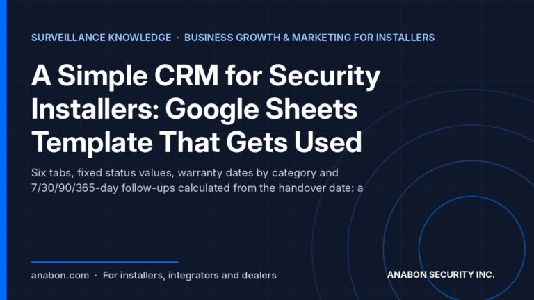 A Simple CRM for Security Installers: Google Sheets Template That Gets Used (Business Growth & Marketing for Installers) CRM for security installers: six-tab Google Sheets template with leads, quotes, jobs and follow-ups