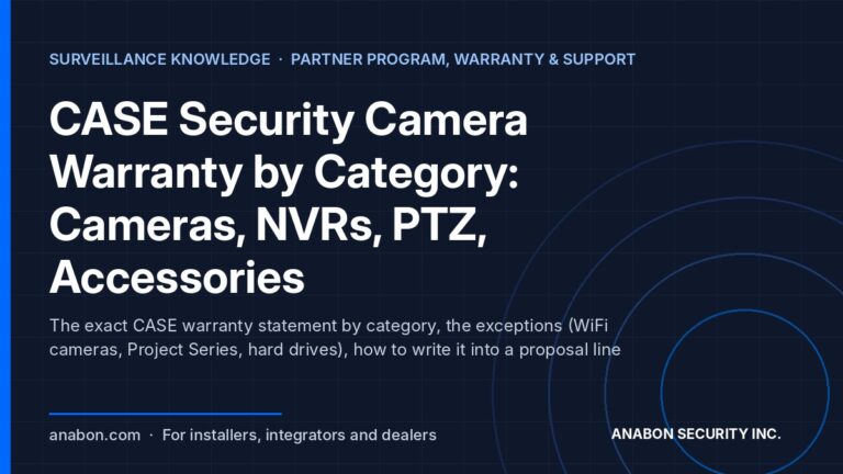 CASE Security Camera Warranty by Category: Cameras, NVRs, PTZ, Accessories (Project & Bid Support) CASE security camera warranty by category: cameras 6-year, NVRs 6-year, PTZ 3-year, accessories unlimited