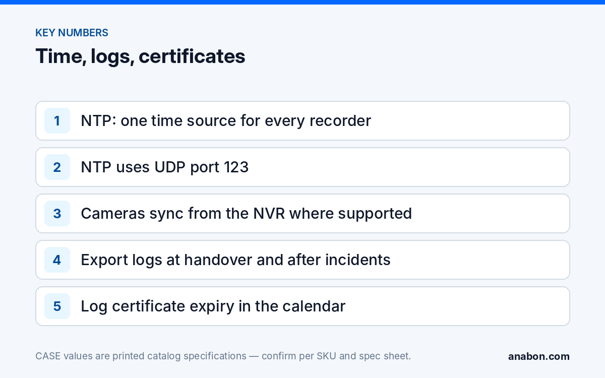 NVR NTP Settings, Logs and Certificates: The Settings That Save Evidence (Network & Cybersecurity for Camera Systems) Key points on NVR time sync, logs and certificates: one NTP source, UDP port 123, cameras synced from the NVR, log exports, certificate expiry