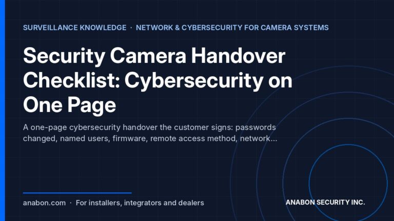 Security Camera Handover Checklist: Cybersecurity on One Page (Installation Practice & Site Readiness) Security camera handover checklist: one-page cybersecurity sign-off for passwords, users, firmware and remote access