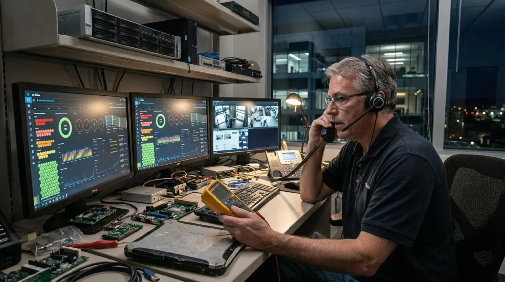 Technical consultants configuring CCTV equipment and surveillance devices in a security lab