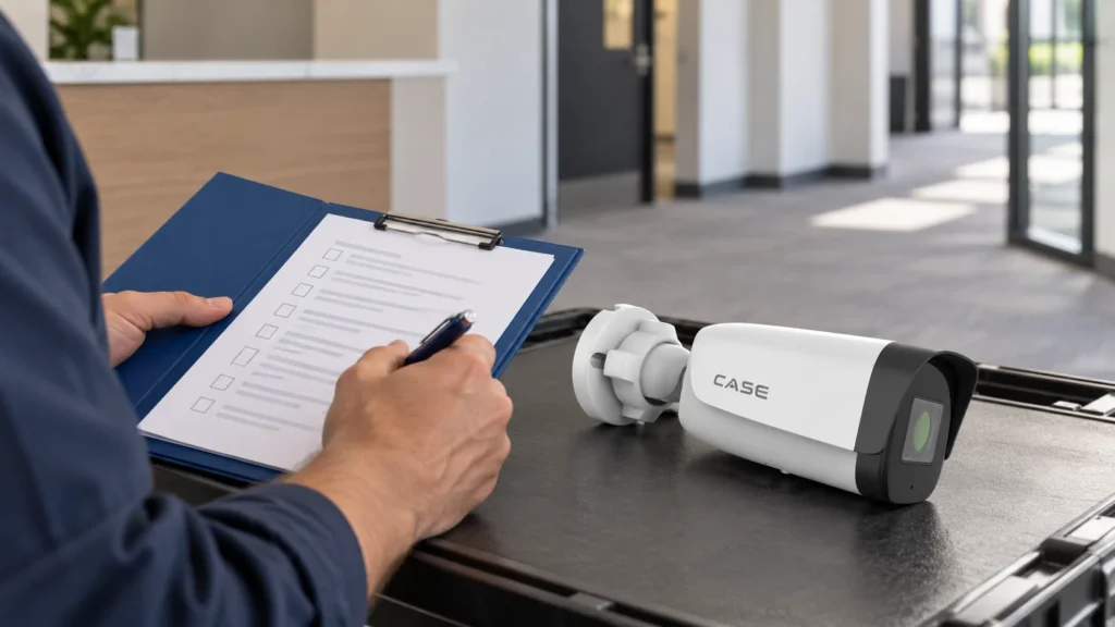 CASE camera beside a site-survey checklist in an empty commercial reception area.