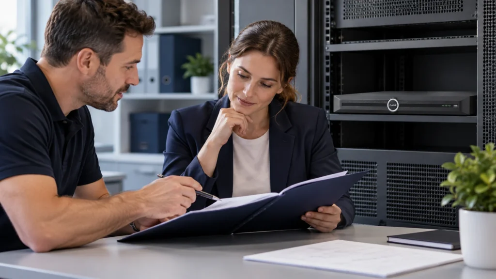 Installer and site manager review a policy folder beside a CASE recorder cabinet.